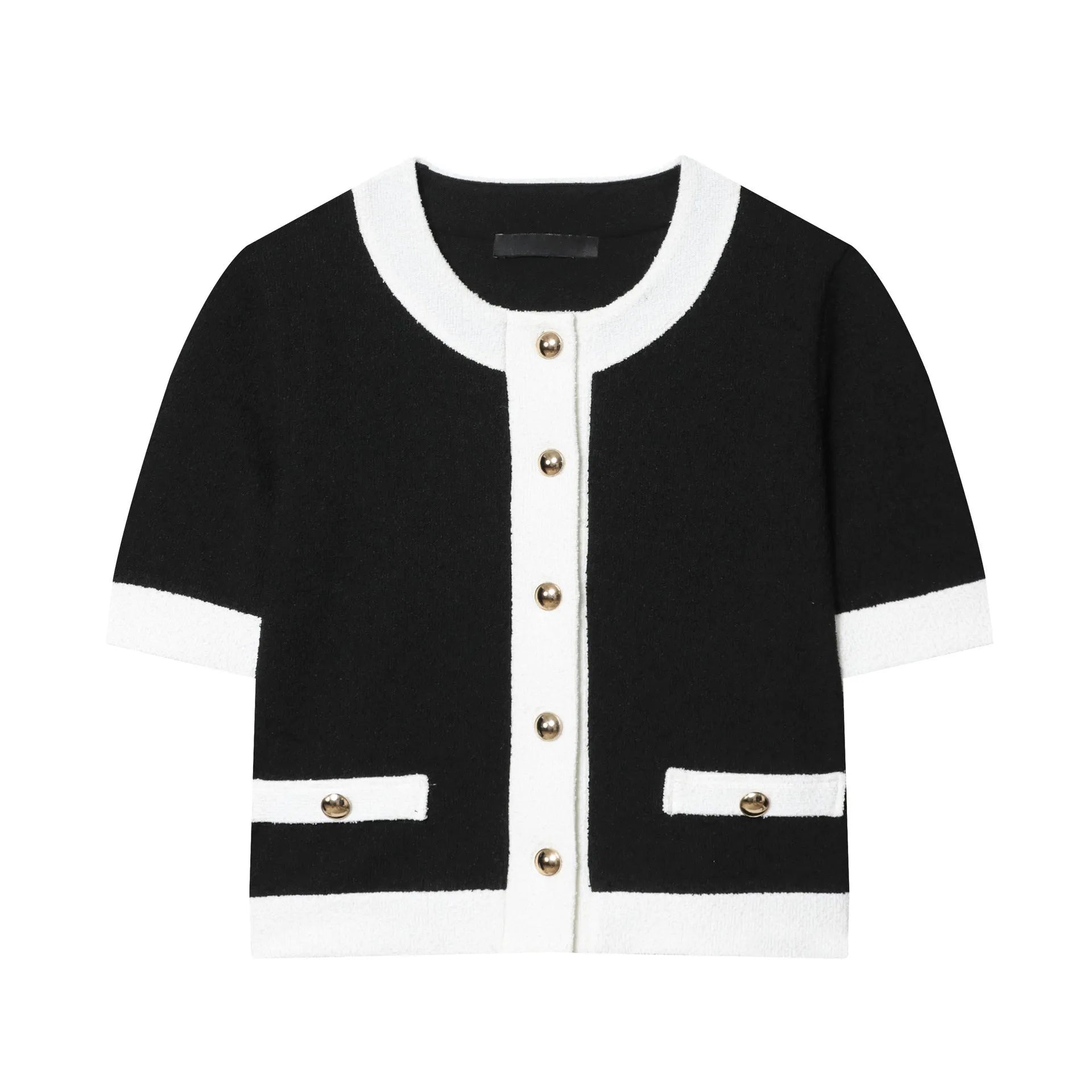 Women's contrast colour beaded leather round neck top with high-waisted trousers suit set in street fashion style