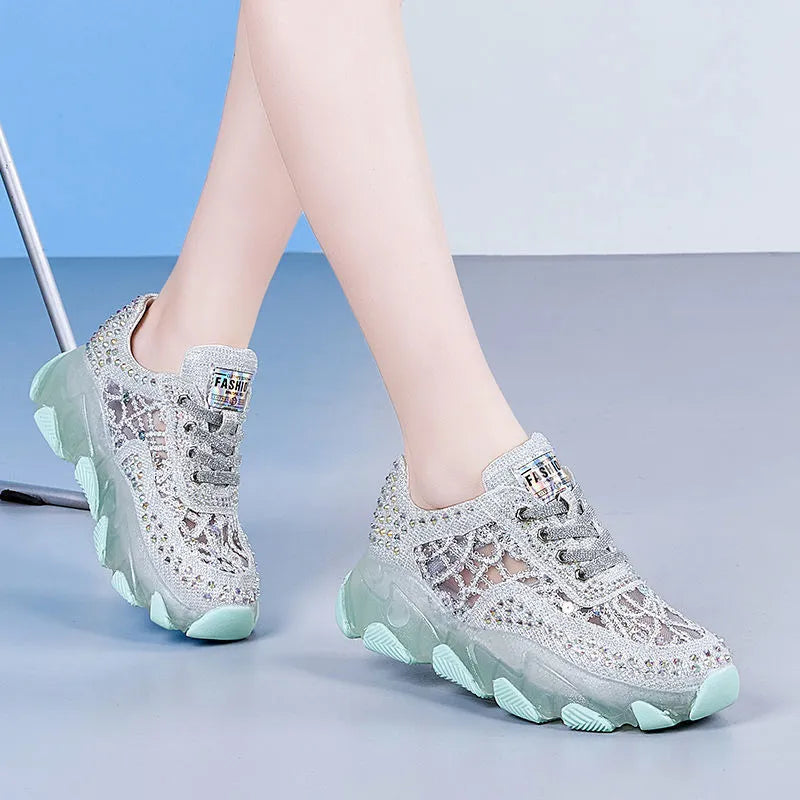 Women's mesh height increasing wedge heel sneakers green white high top breathable casual basketball trainers