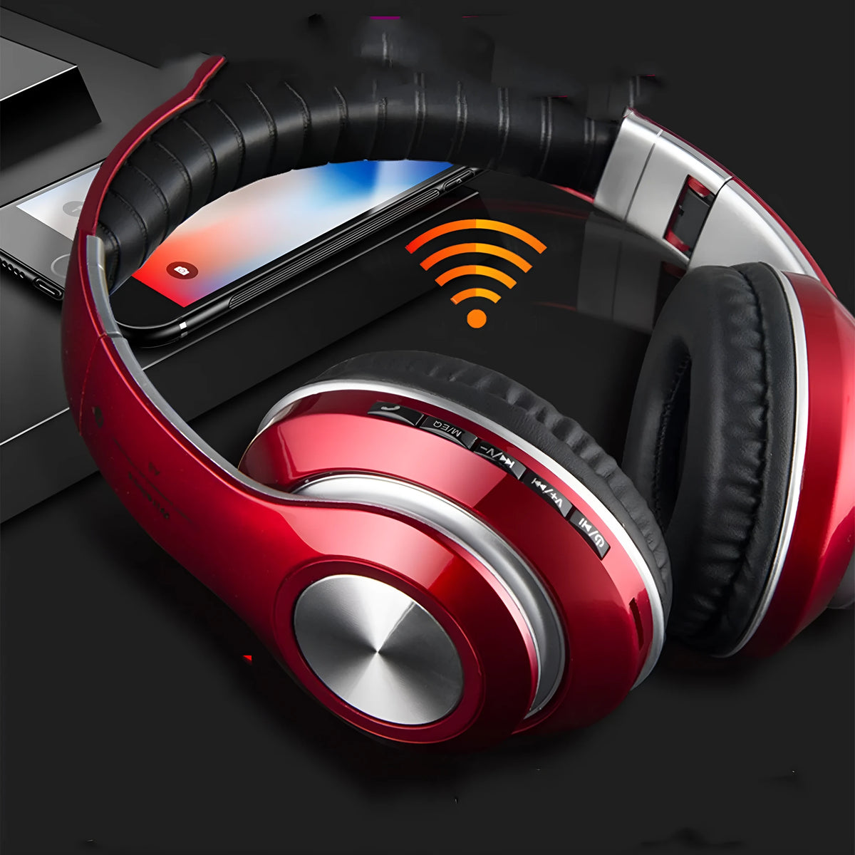 Folding wireless stereo headphones in black with head-mounted design and USB cable