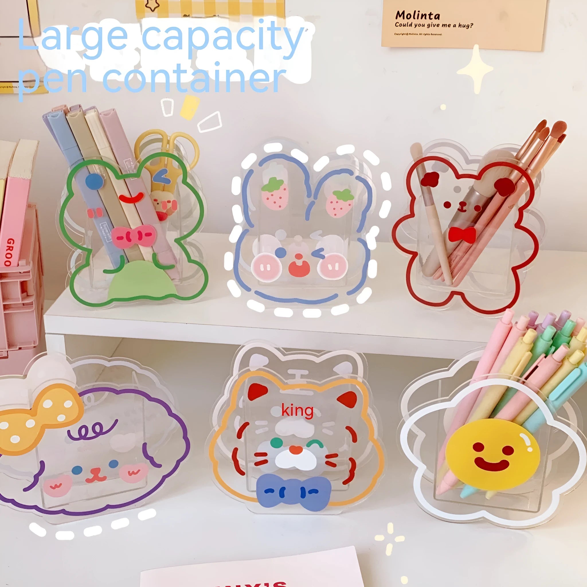 Clear acrylic square storage box with cute animal design showing through transparent sides