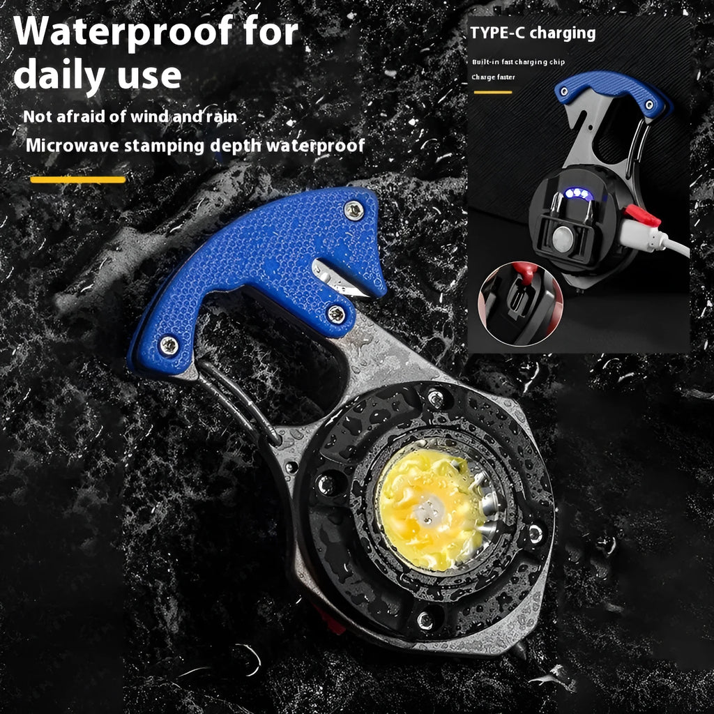 Portable keychain torch with window-breaking hammer, screwdriver, and smart display showing lighting modes