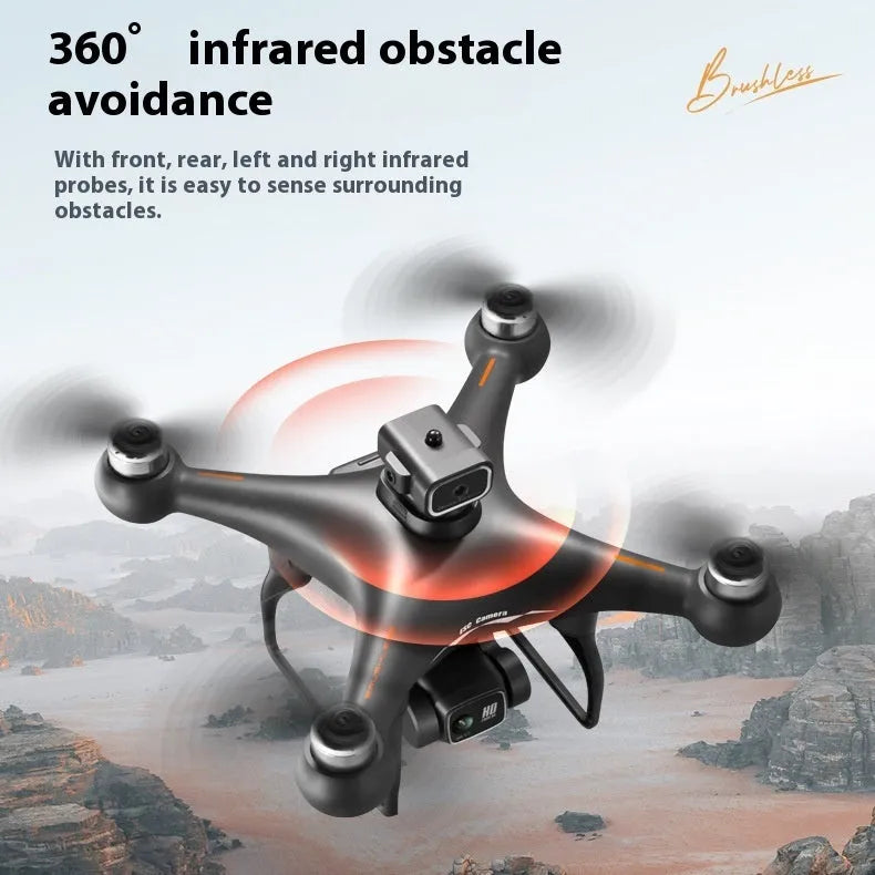 Black brushless UAV quadcopter with four obstacle avoidance sensors and dual HD cameras