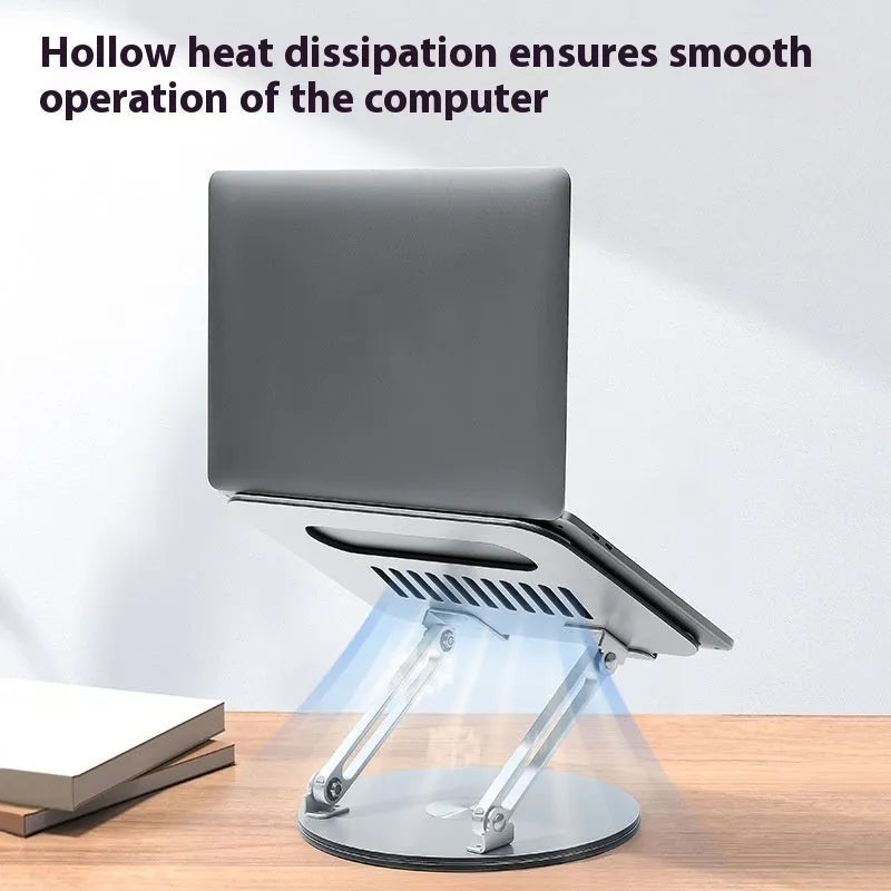Silver aluminium laptop stand with adjustable height and rotating function on desktop