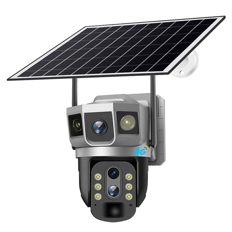 V380 outdoor security camera with monitor showing three-screen display and solar panel accessory