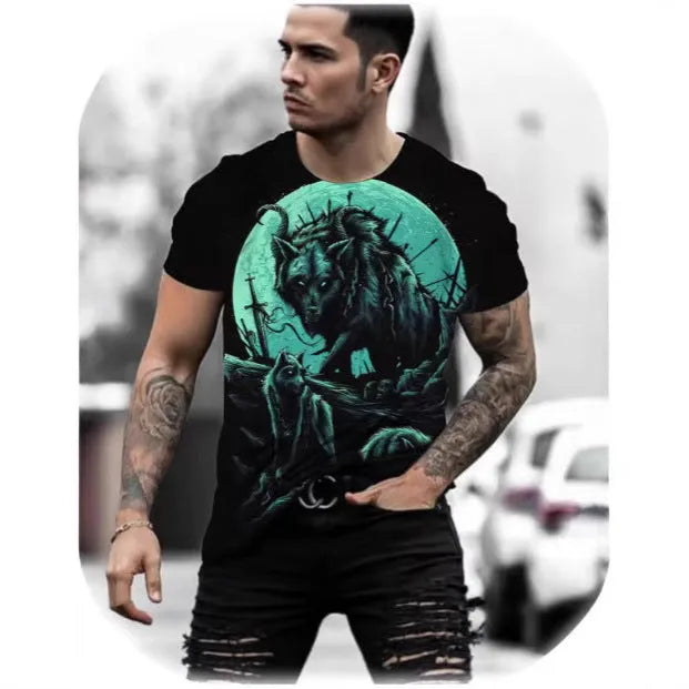 Retro 3D animal graphic printed on a man's thin, light grey short-sleeved T-shirt.