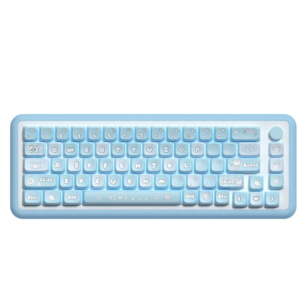 Watercolour kitten design custom keycap set for mechanical keyboards, showing PBT material and sublimation print.