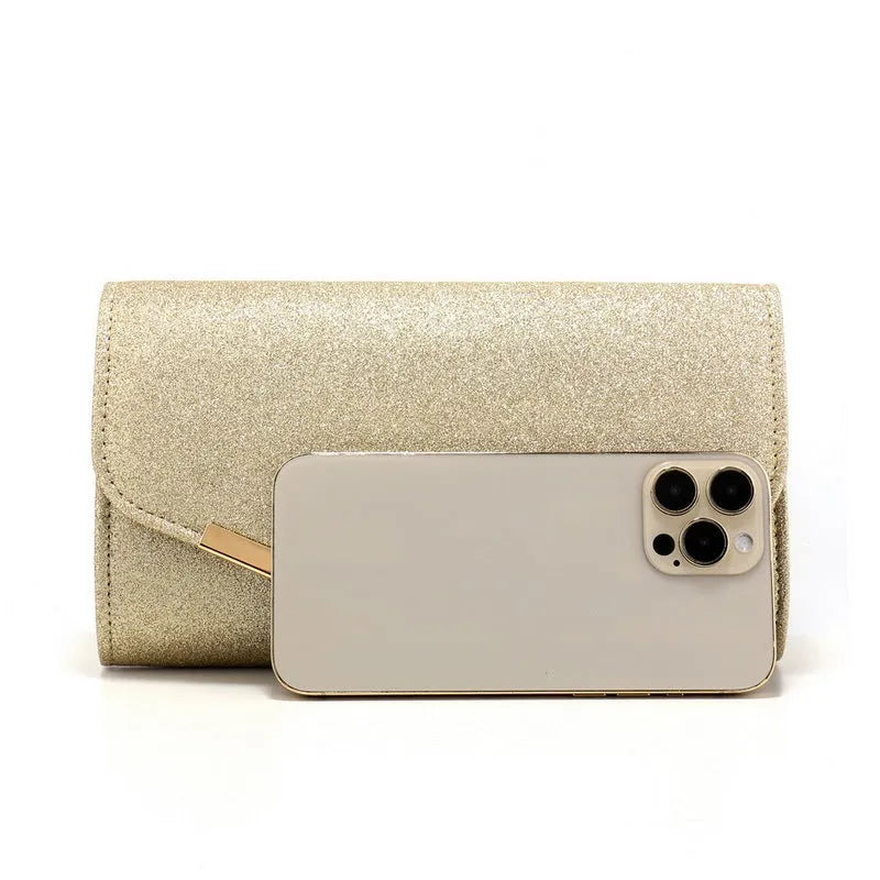 Frosted sequins dinner bag with high-grade metal decoration, horizontal square shape, available in six colours.
