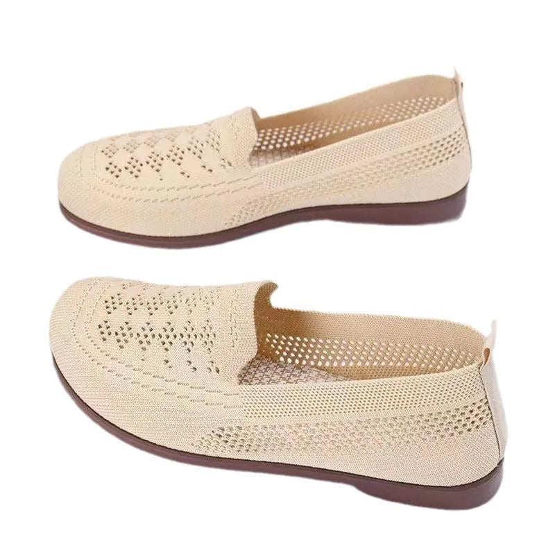 Beige casual tennis shoes for elderly women with mesh upper, antiskid sole, and Flyknit lining for wide feet summer wear