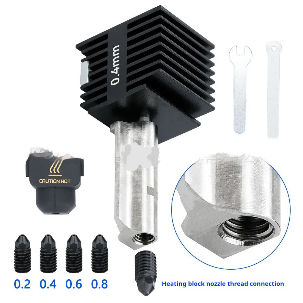 Bambu Lab A1 Mini 3D printer hot end replacement kit with four nozzle sizes and black silicone sleeve