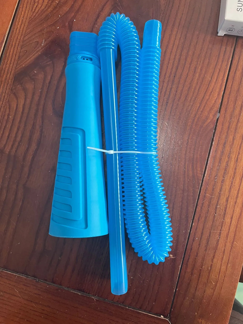 Blue vacuum cleaner suction pipe with round head attachment and three blue opp bags for extended reach cleaning