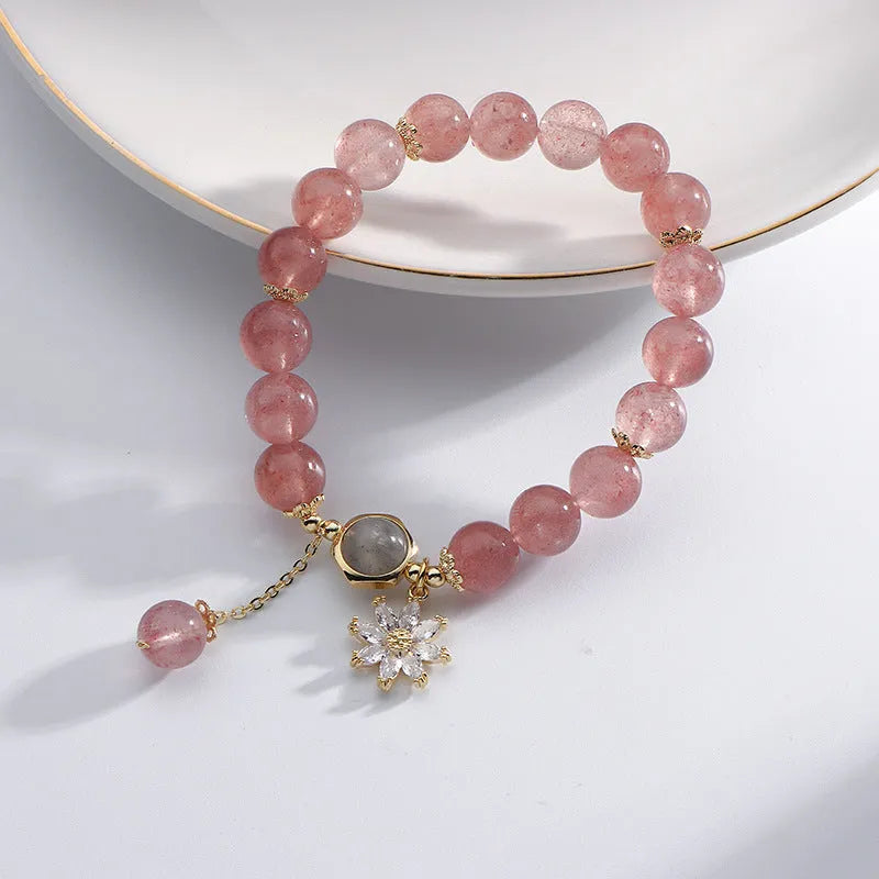 Strawberry quartz crystal bracelet with floral design elements in Mori style
