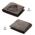 Coffee brown PU leather horizontal wallet with photo engraving, measuring 120mm wide