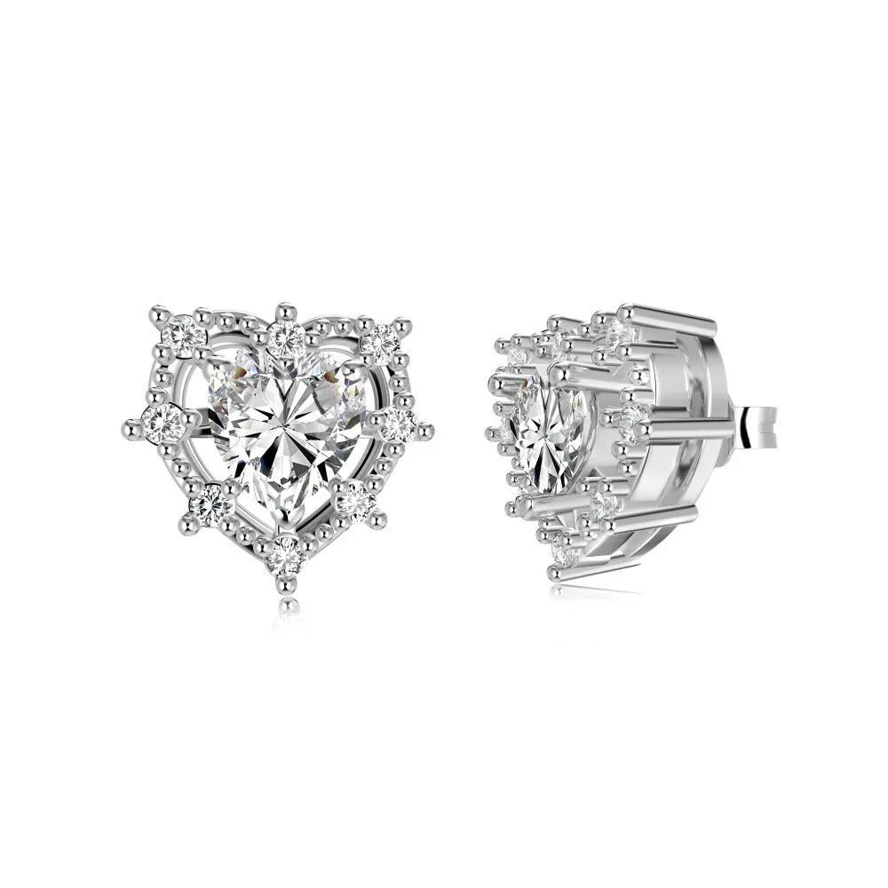 925 silver hollowed heart necklace and ear stud set with platinum pink or white diamond finish