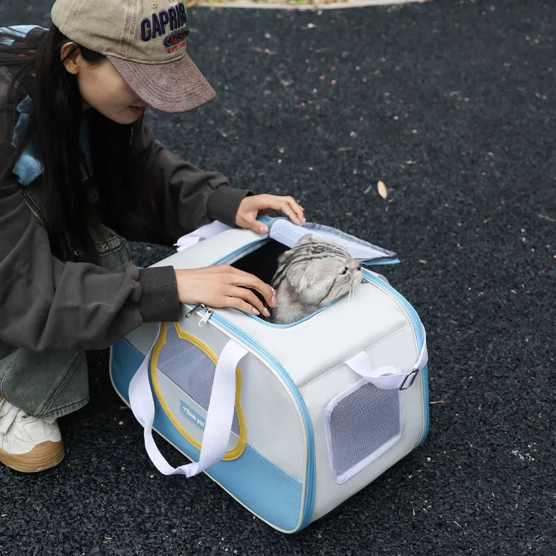 Large capacity foldable cat backpack in Oxford cloth, shown in blue colour variant.