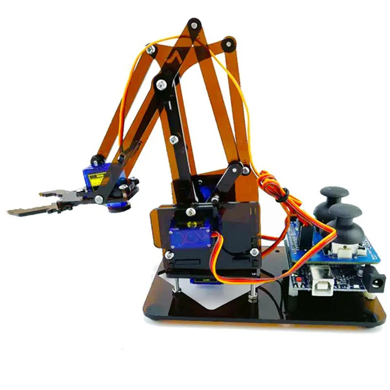 Manipulator arm electronic production parts kit with brown and royal blue brackets, dual control rocker module and SG90 steering gear
