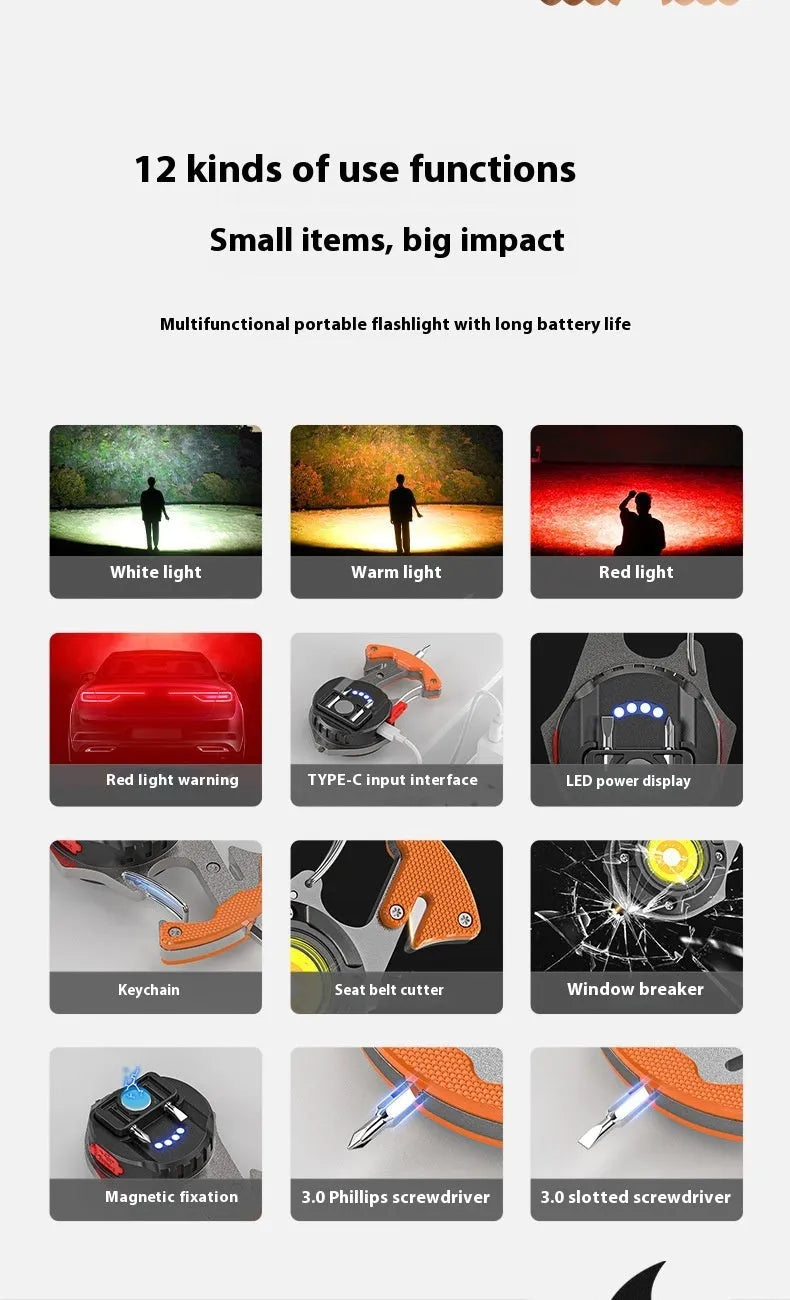 Portable keychain torch with window-breaking hammer, screwdriver, and smart display showing lighting modes