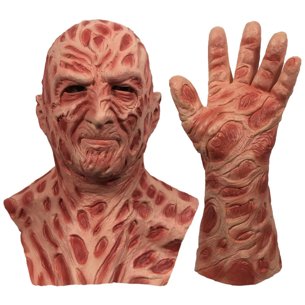 Skin colour latex horror grimace mask and gloves set with Freddy styling for Halloween
