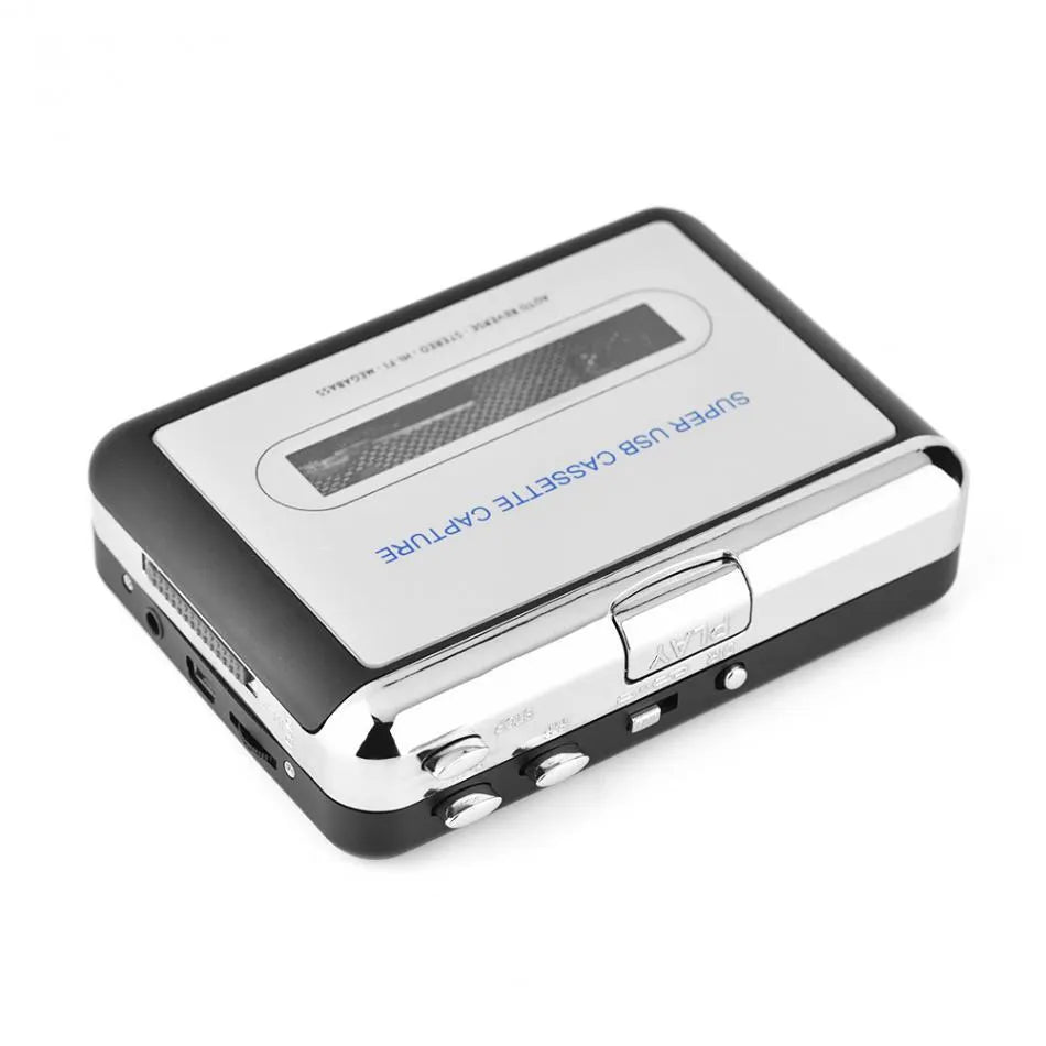 Silver USB cassette tape to MP3 converter unit with USB cable for audio digitisation