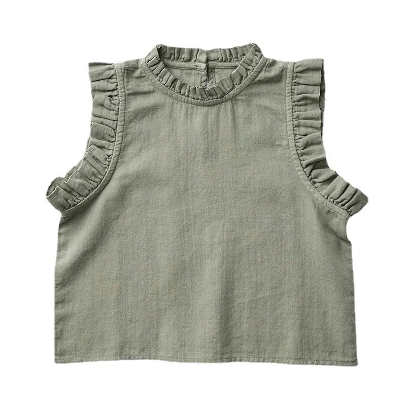 Girls cotton linen solid colour sleeveless T-shirt with wooden ear detail in beige