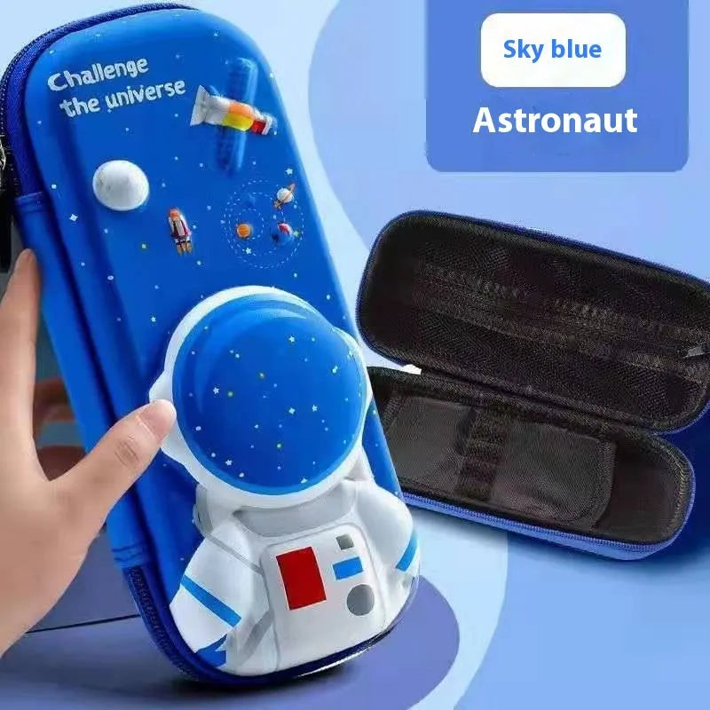 3D leather pencil case with zipper closure showing character design options including astronauts, unicorns, and mermaids
