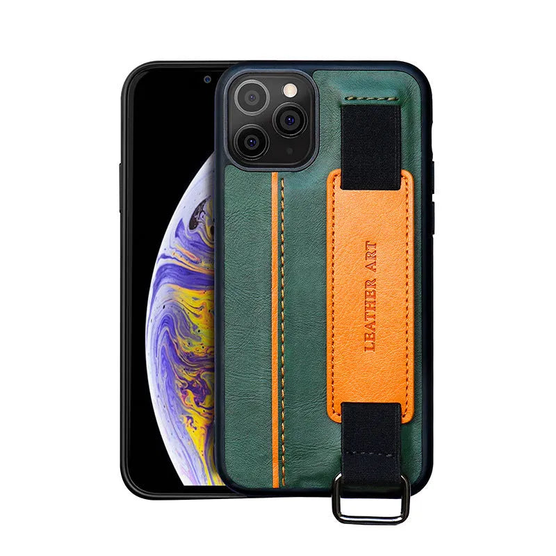 Brown imitation leather iPhone case with a wrist strap and decorative stripes.