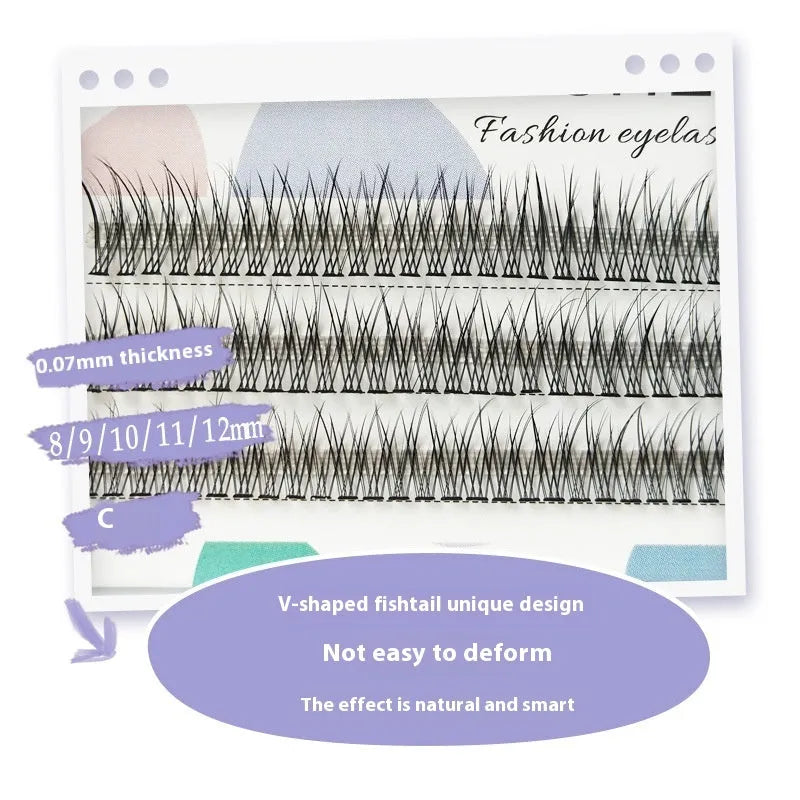 Black V-shaped fairy fishtail false eyelashes in natural long style showing thick segment design.