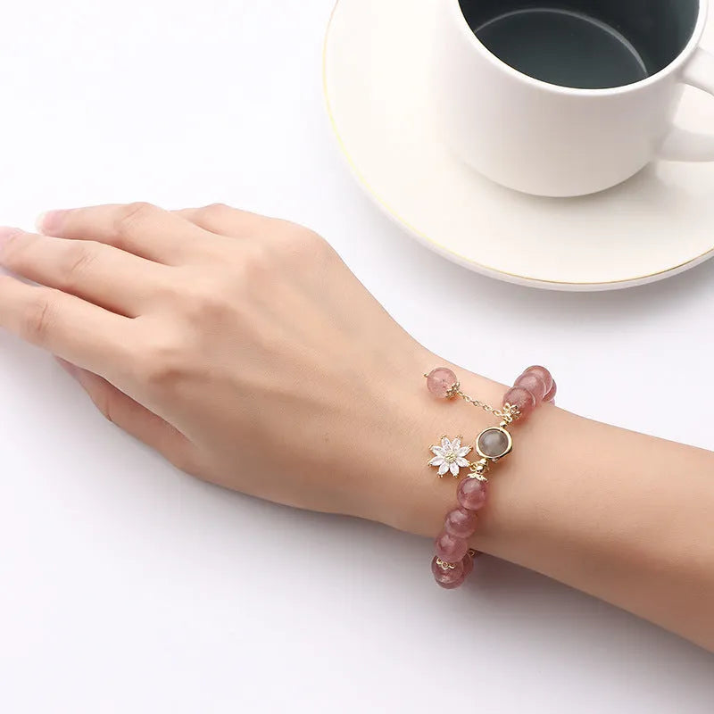 Strawberry quartz crystal bracelet with floral design elements in Mori style