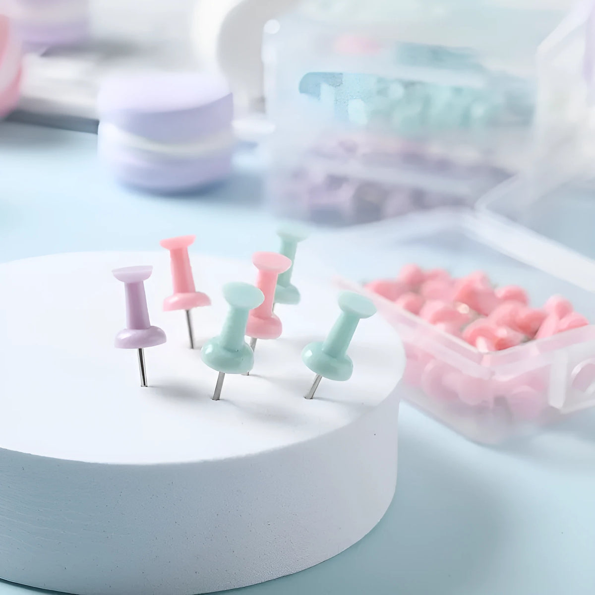 Macaron colour plastic push pins in cherry blossom pink, mint green, and lavender with large and small sizes