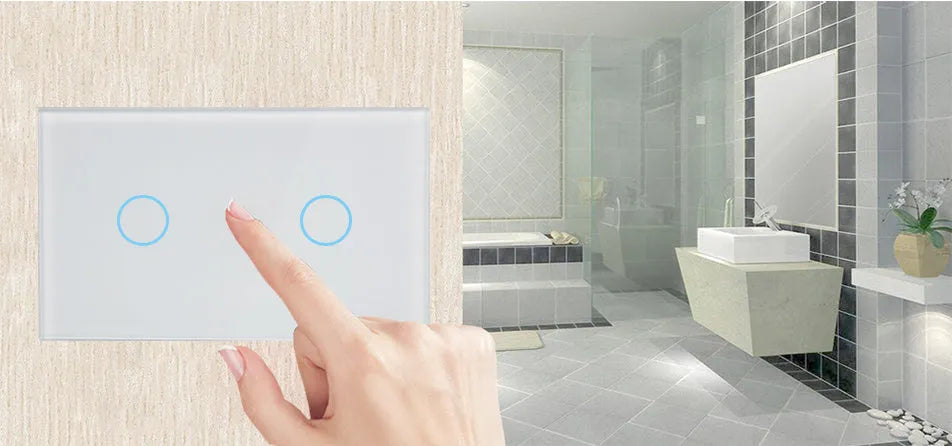 White RF wireless 2-gang touch wall switch with tempered glass panel and LED indicators