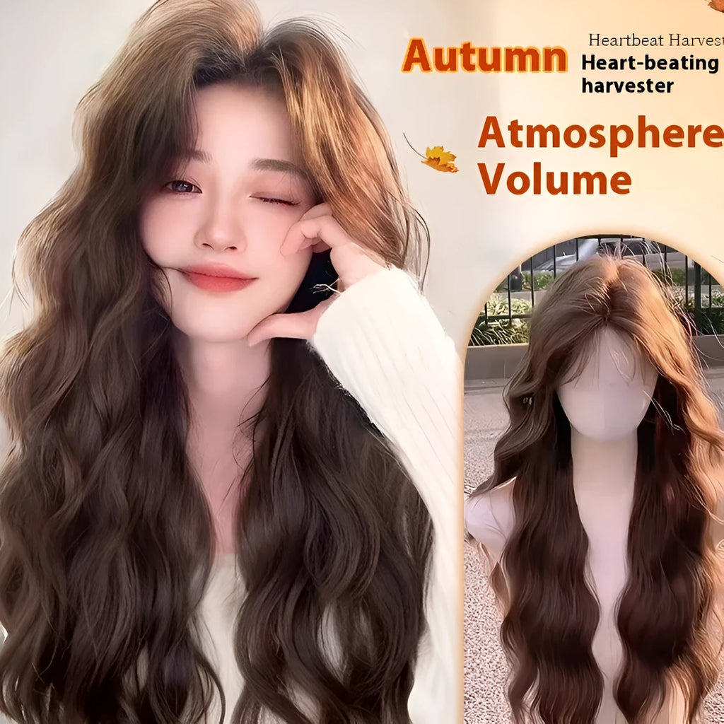 Full-head long curly artificial hair wig with side bangs in brown black colour.