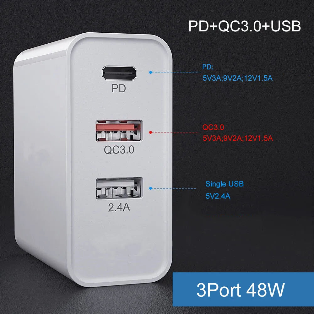 White multi-port fast charging adapter with UK plug on a table.