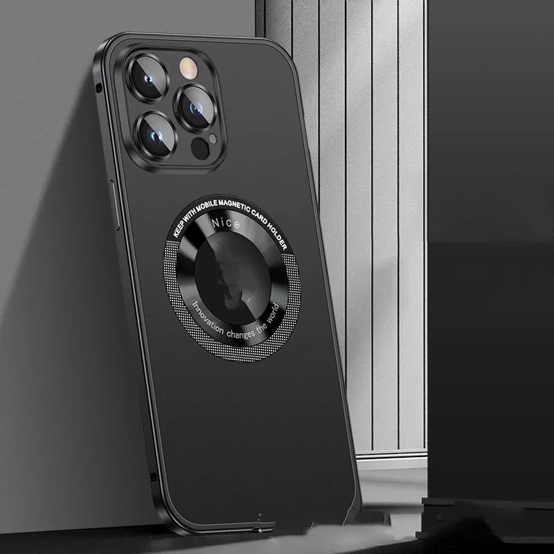 Metal frame magnetic phone case for iPhone 12-15 series in black with spring fastener and side buttons visible