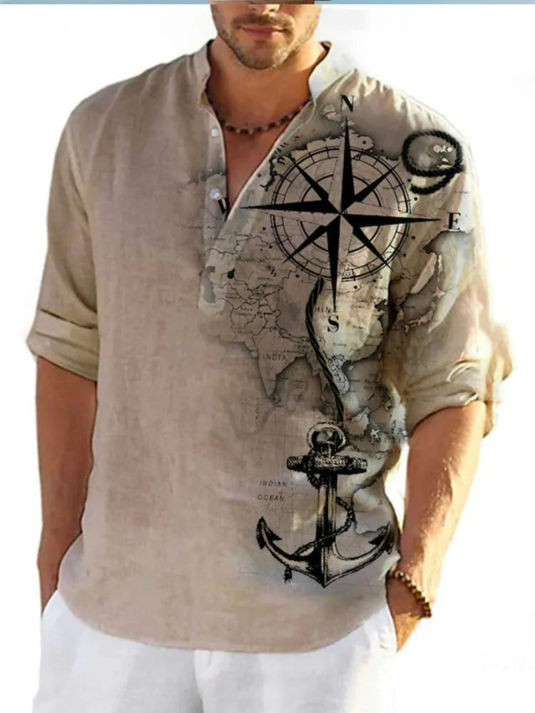 Thin casual digital bamboo linen Hawaiian long sleeve shirt with stripe pattern