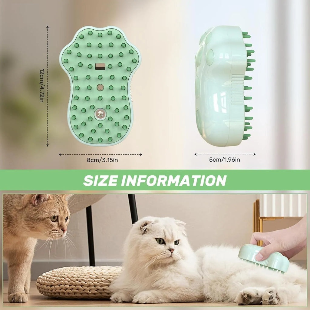 Blue self-cleaning pet steam brush with silicone bristles and a water spray button