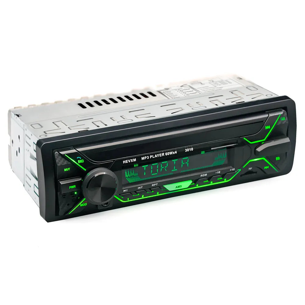 Car stereo MP3 player unit with Bluetooth, LCD display, USB/TF slots, and control buttons