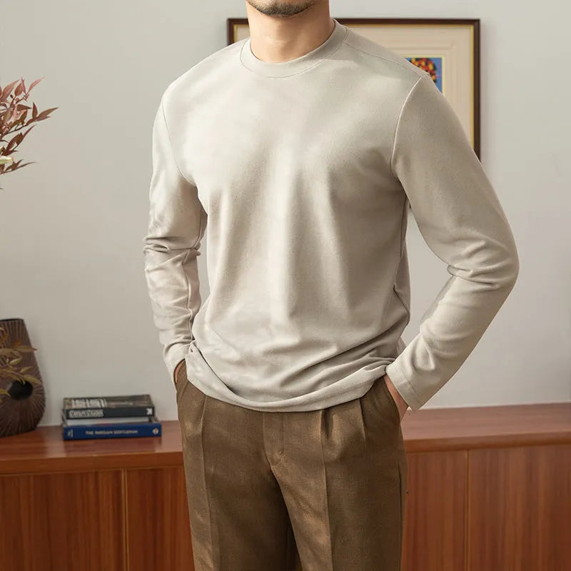 Men's long sleeve round neck T-shirt in cotton blended fabric, available in multiple colours