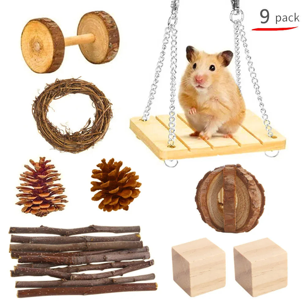 Wooden chew toy set for small pets including rabbits and guinea pigs, showing a multi-piece bundle
