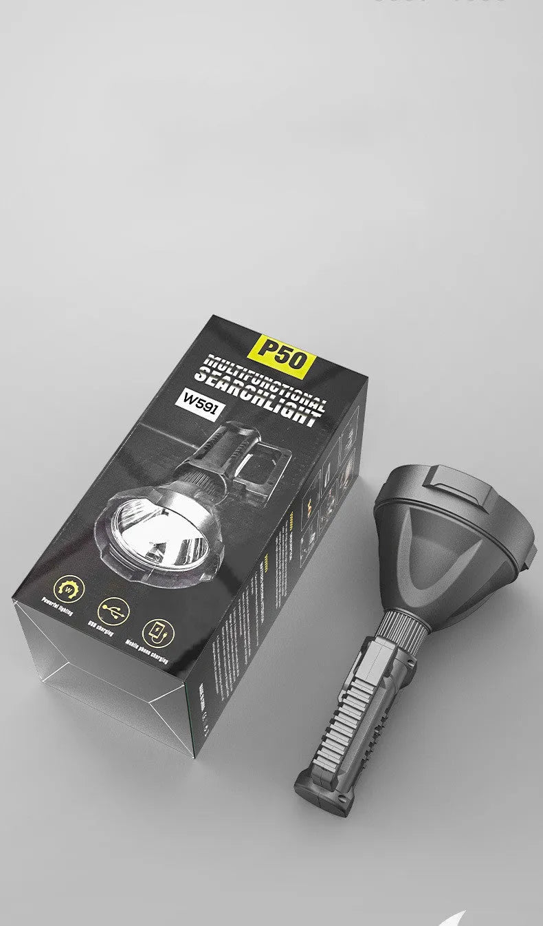 Black camping rechargeable LED searchlight 25W 6600mAh ABS with hand-pressure generator