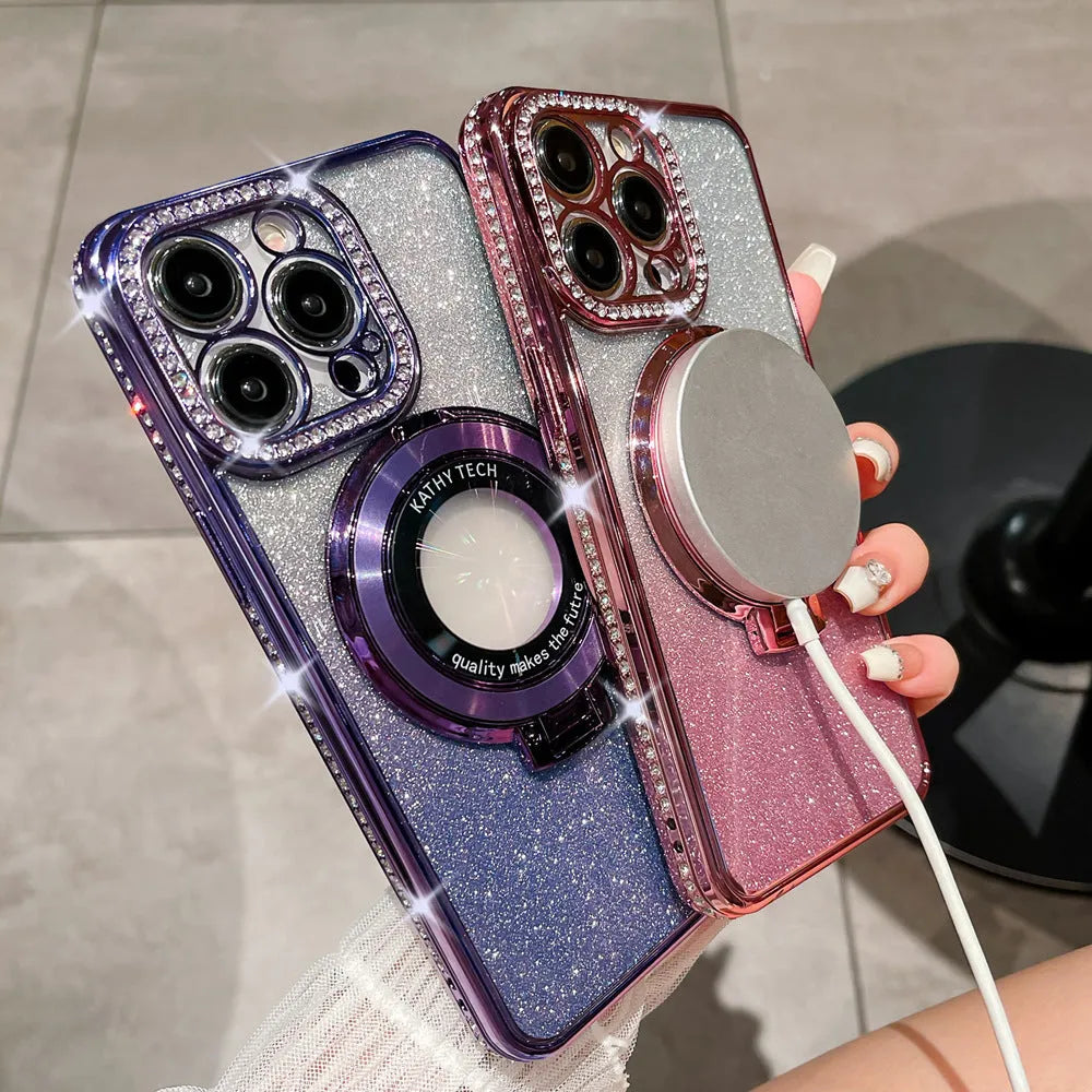Glitter TPU electroplating magnetic bracket phone case for iPhone 15 Pro Max in purple colour