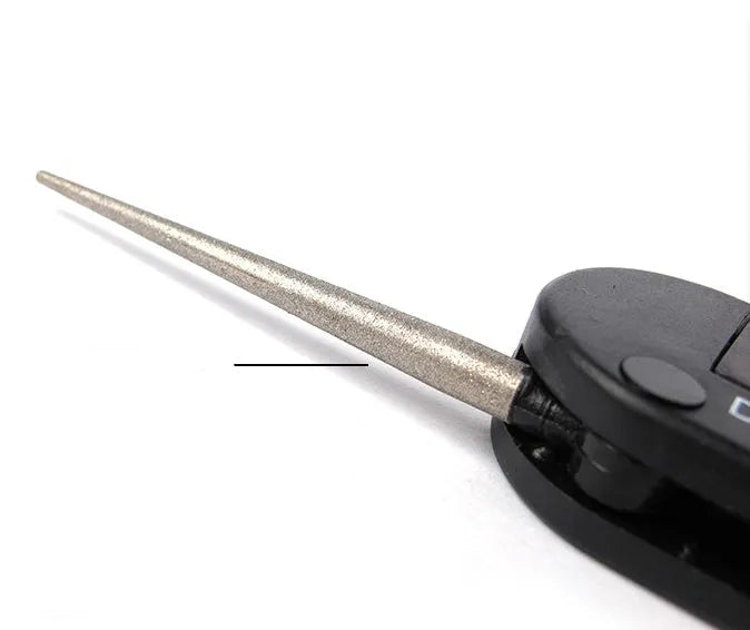Pocket Pal knife sharpener in black with diamond rod, carbide blades, and ceramic stones open for use