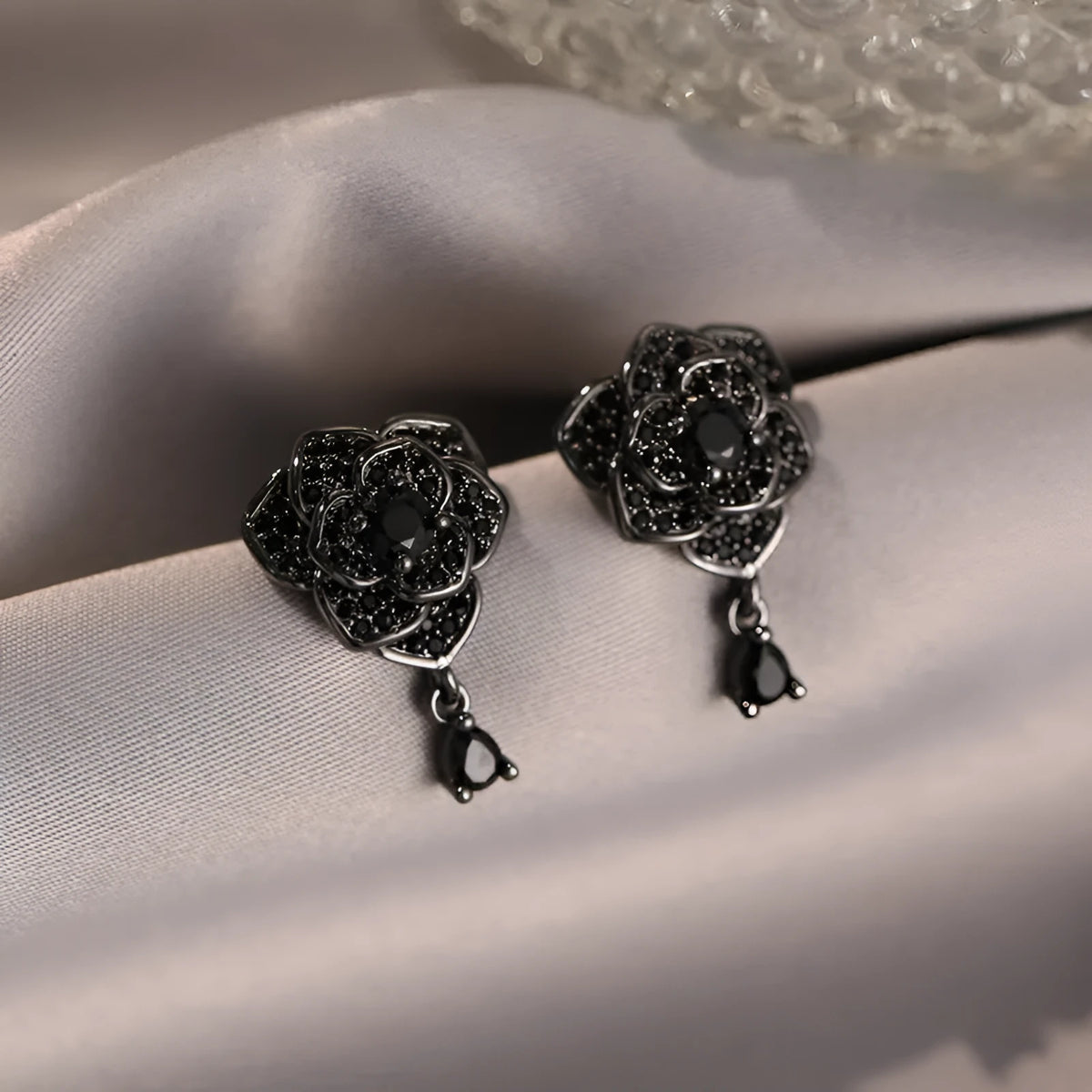 Black rose flower-shaped stud earrings with zircon decorative accents for women