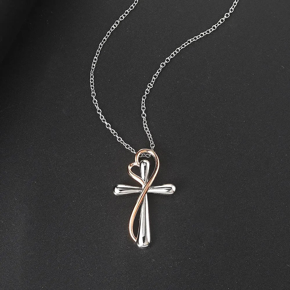 Heart-shaped cross necklace with color separation electroplating white gold colour copper pendant on adjustable chain