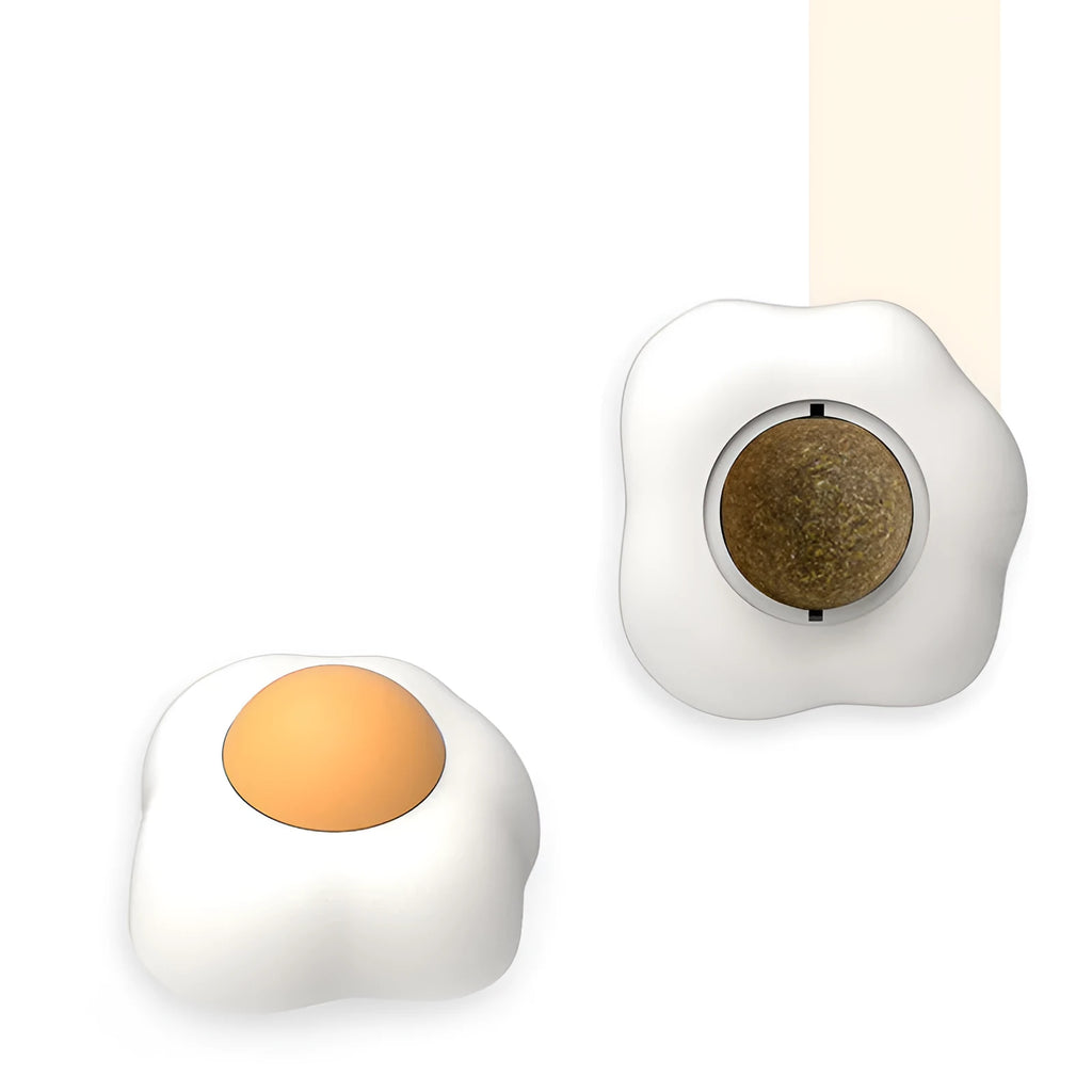 Interactive catnip ball toy in Fried Egg or Poached Egg style with soft plush exterior