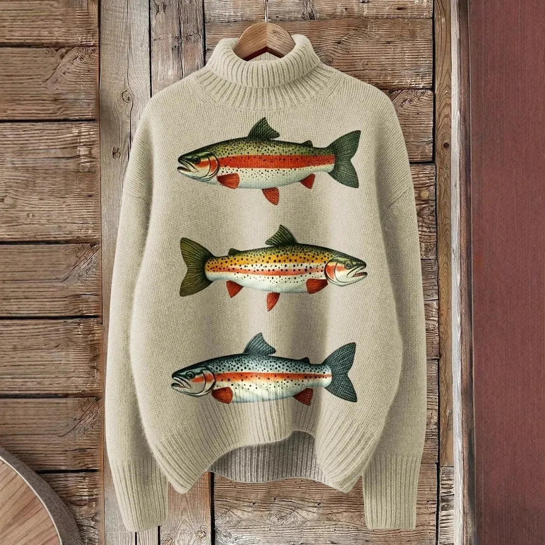 Women's loose fit Christmas printed turtleneck sweater in macaron colours