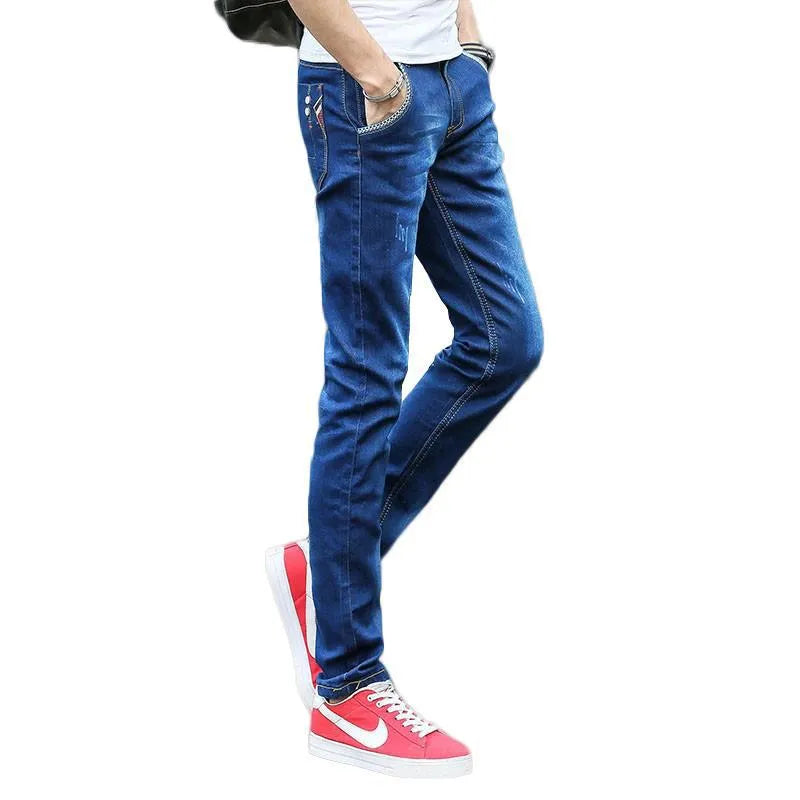 Men's stretch slim fit skinny pants in tapered leg style, spring trousers in blue with zipper fly