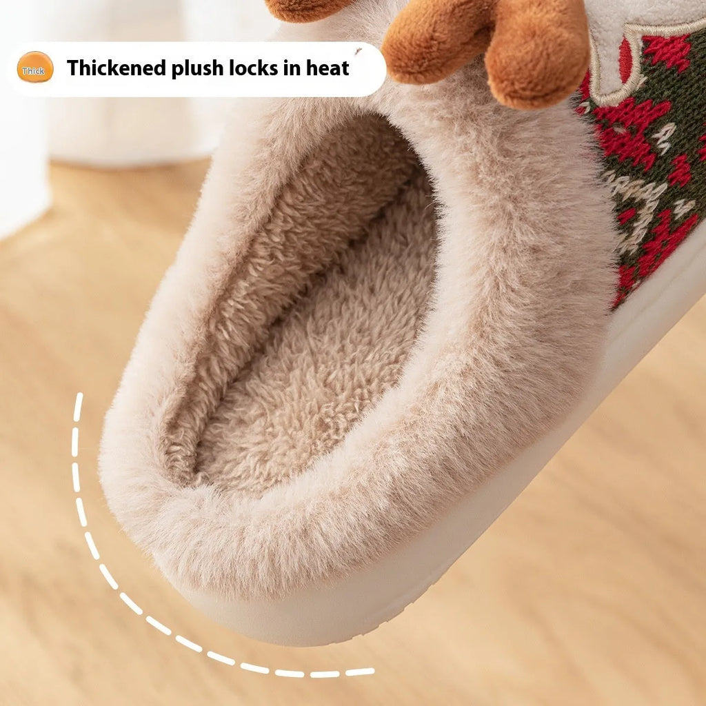 Cute Christmas elk plush slippers in Christmas Red with non-slip PVC sole, women winter house shoes
