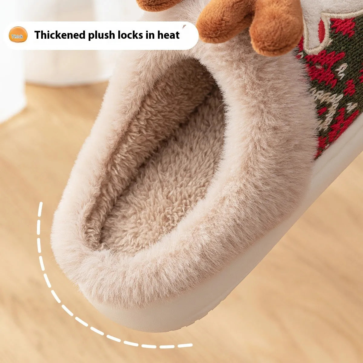 Cute Christmas elk plush slippers in Christmas Red with non-slip PVC sole, women winter house shoes