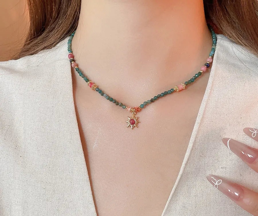 Stone and freshwater pearl sun necklace with adjustable chain in French court style