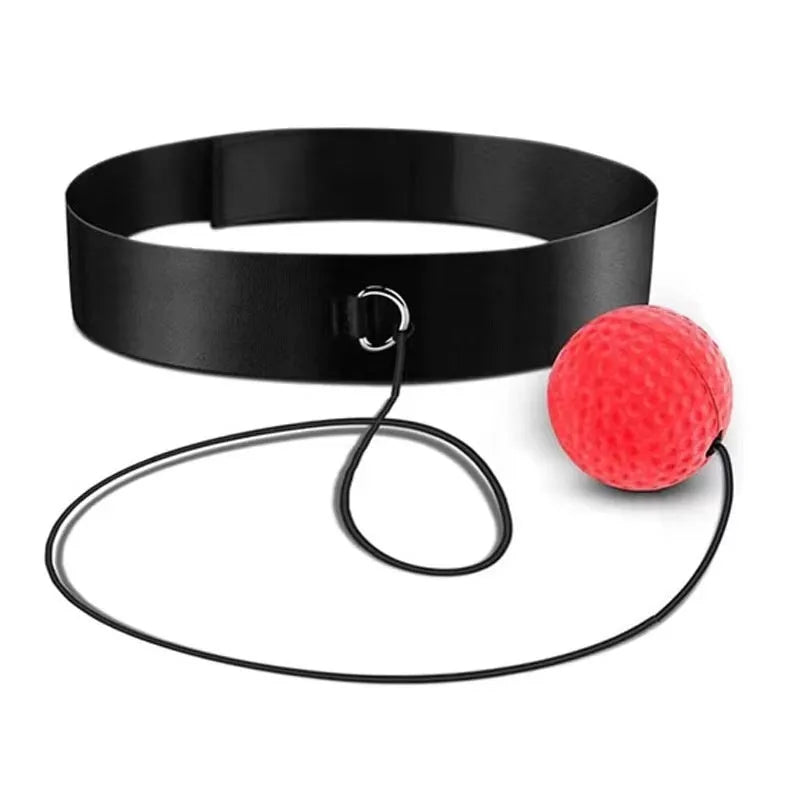Head-mounted boxing reaction training ball with adjustable headband and choice of red, green, or yellow soft balls.