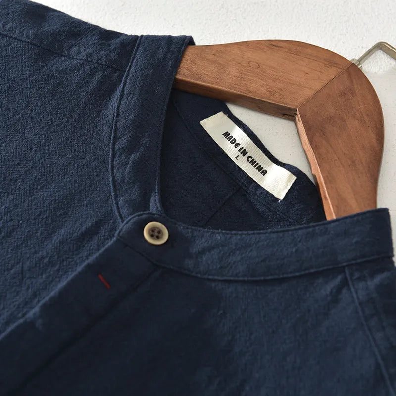 Men's stand collar short sleeve t-shirt, ice silk linen, loose fit, solid colour, button decoration